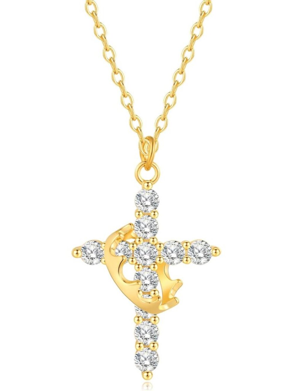 Women's Diamond Crown Gold Cubic Zirconia Cross Chain Dainty Pendant Necklaces